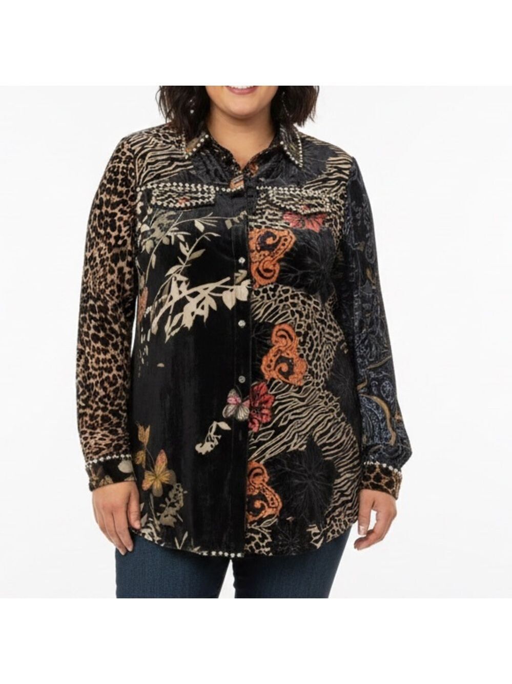 Paris Blue Velvet Burnout Patchwork Print Studded Blouse XL